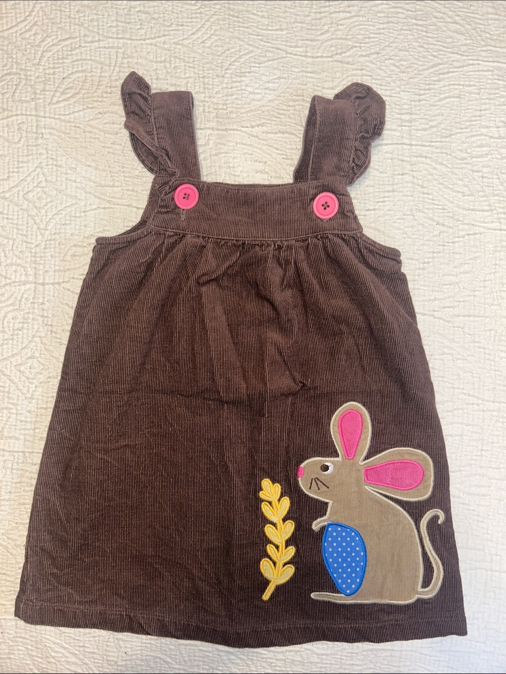 Baby Boden Brown Corduroy 100% Cotton Pinny Dress, Cute Bunny Appliqué